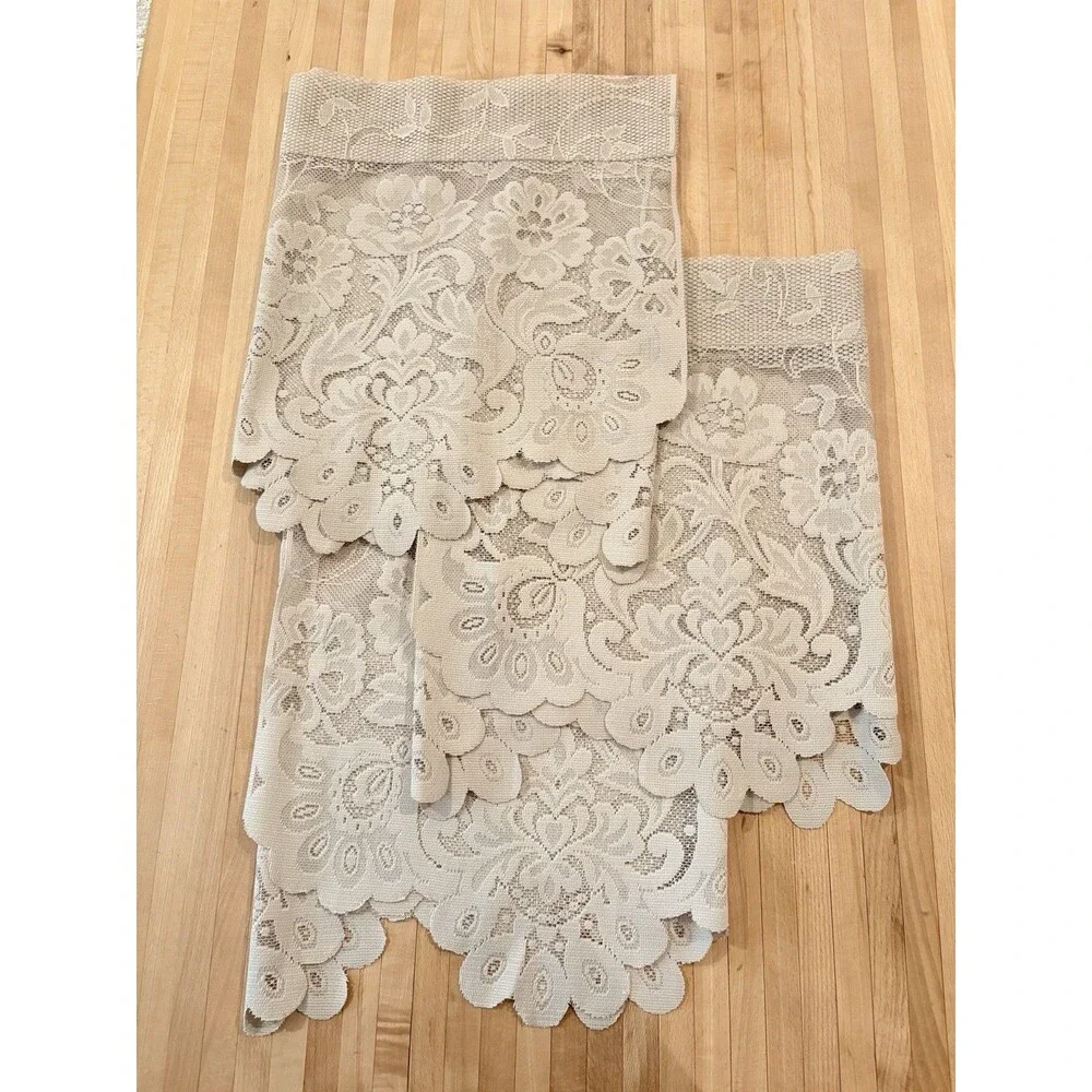Vintage Lace Floral Pattern Cafe Curtains 3 Valence Rod Pocket Beige Cottagecore